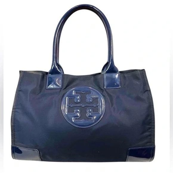 Tory Burch Ella Nylon Tote Navy Blue Patent Leather Trim Large Logo Tote