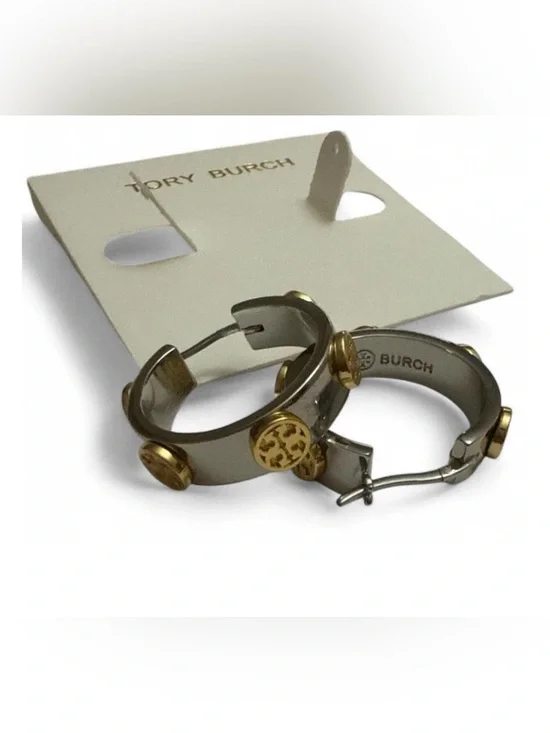 Tory Burch Gray Enamel Hoop Earrings with Gold Logo Accents