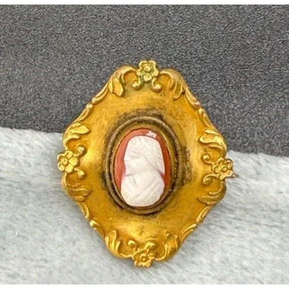 Vintage Cameo‎ Brooch Pocket Watch Pin Gold Tone