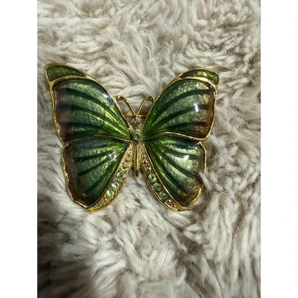 Vintage SFJ Signed Gold Tone Enamel Butterfly Brooch Pin‎ Green Blue Wings