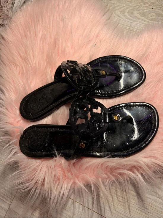 Tory Burch Black Patent Logo Thong Sandals