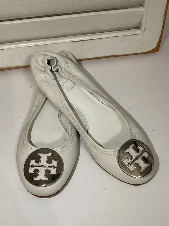 Tory Burch White Leather Logo Ballet Flats Reva