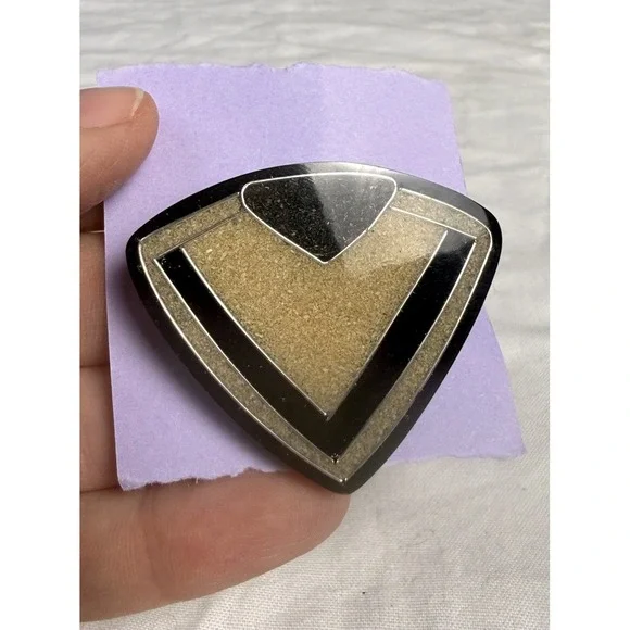 Vintage 80s Deco Revival Modernist Enamel Black And Gold  Geometric Brooch Pin