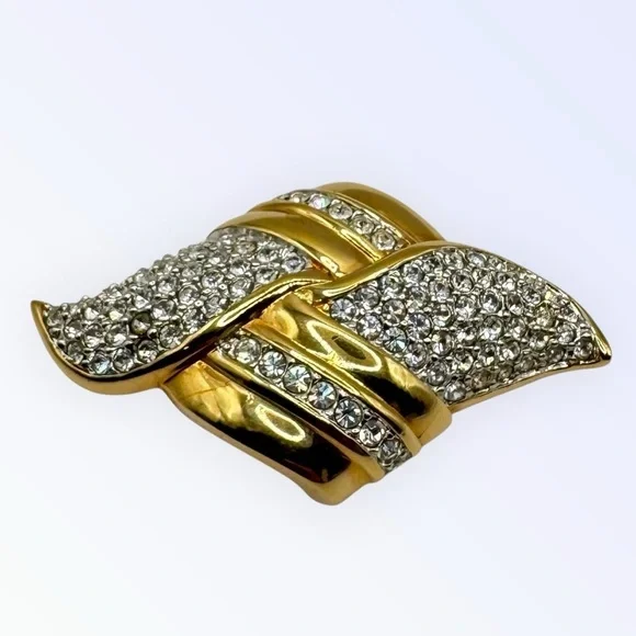 Vintage Swarovski Gold Tone Crystal Ribbon Swirl Brooch | Signed Swan 2” x 1.25”