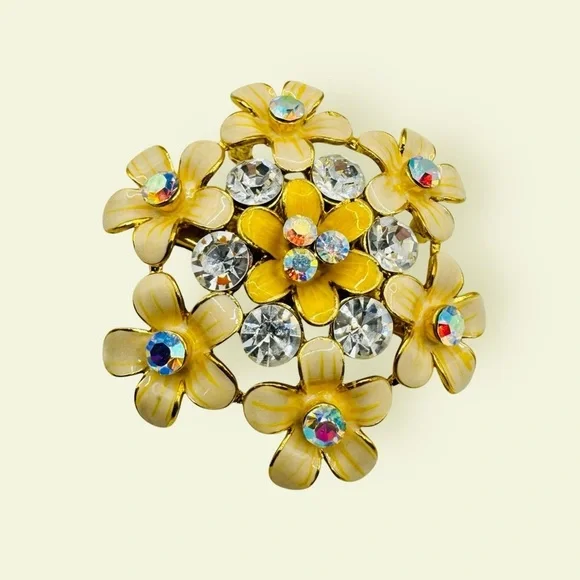 Vintage Noblesse Floral Enamel Rhinestone Brooch Gold Tone Statement Pin