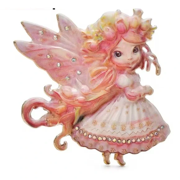 Vintage Style Pink‎ Fairy Brooch Rhinestone Enamel Garden Sprite Fantasy Pin