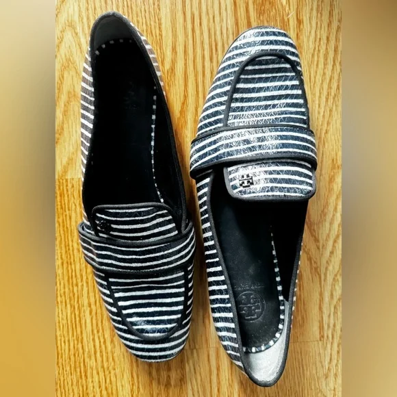 Tory Burch Blue/White Stripe Snakeskin Embossed Leather Smoking Slippers Size 9M