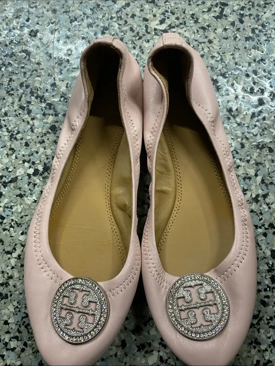 Tory Burch Blush Pink Leather Logo Ballet Flats