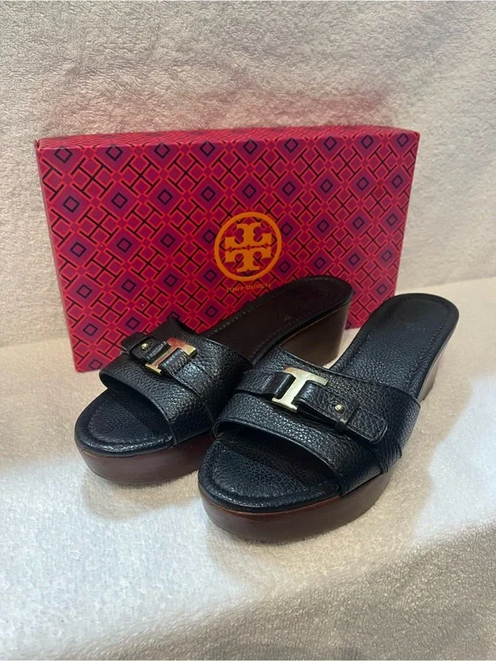 Tory Burch Elina Black Leather Slide Sandals - Size 9
