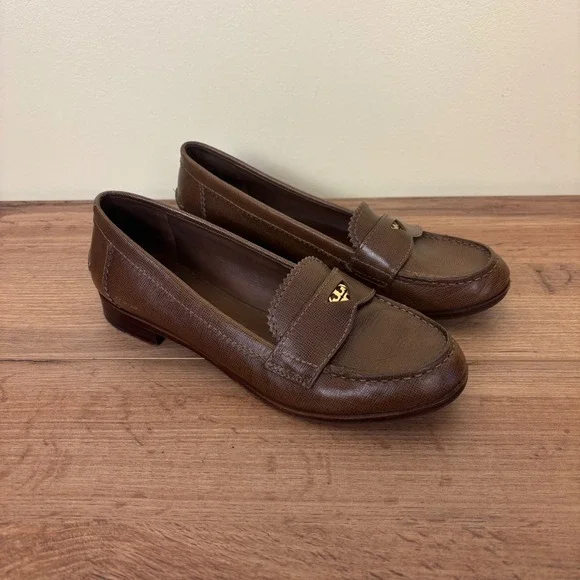 Tory Burch Brown Leather Loafers with Gold Logo Accent