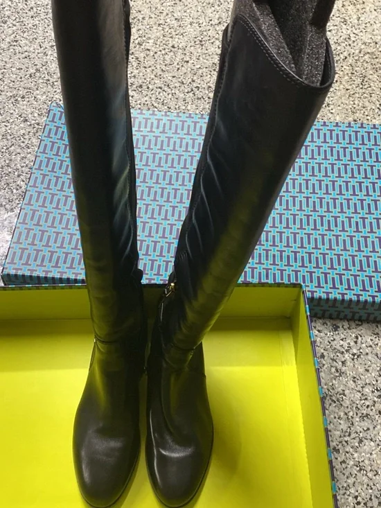 Tory Burch Black Leather Over-the-Knee Riding Boots with Side Zip