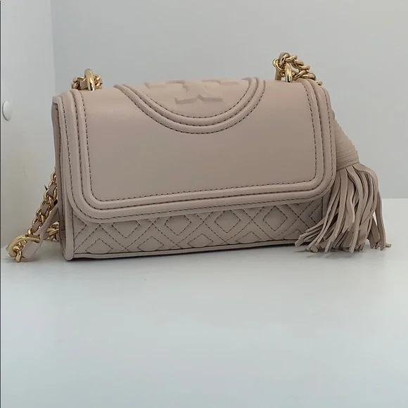 Tory Burch Leather Quilted Flap Micro Crossbody with Gold Chain and Tassel