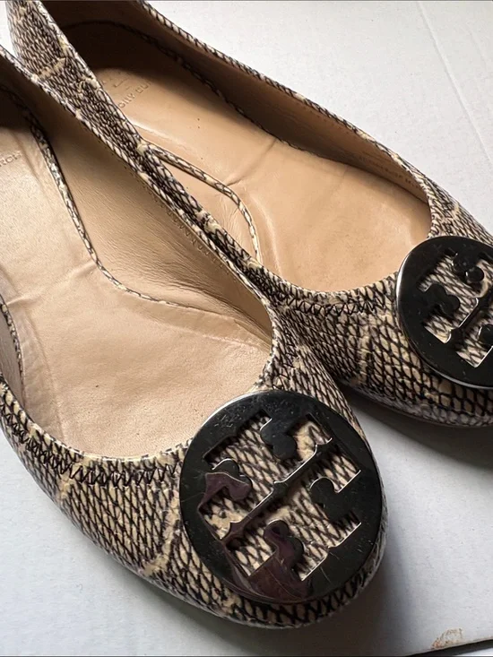Tory Burch Beige Tan Snakeskin-Print Reva Flats with Logo Medallion