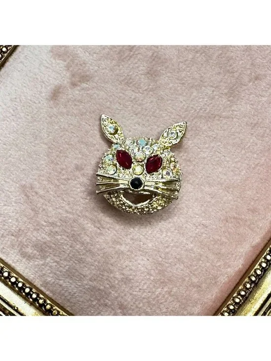 Vintage Aurora Borealis Crystal Rabbit Brooch Pin Red Rhinestone Eyes Gold-Tone