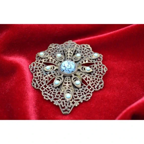 Antique Brass Filigree Dress Clip Faux Turquoise Cabochon Victorian Style Pin