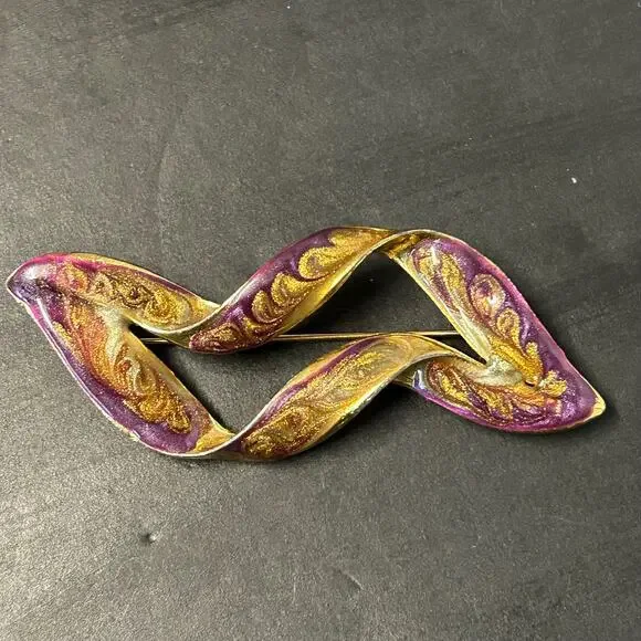 Vintage 1980's Gold Toned‎ Purple Gold Swirled Enamel Ribbon Brooch