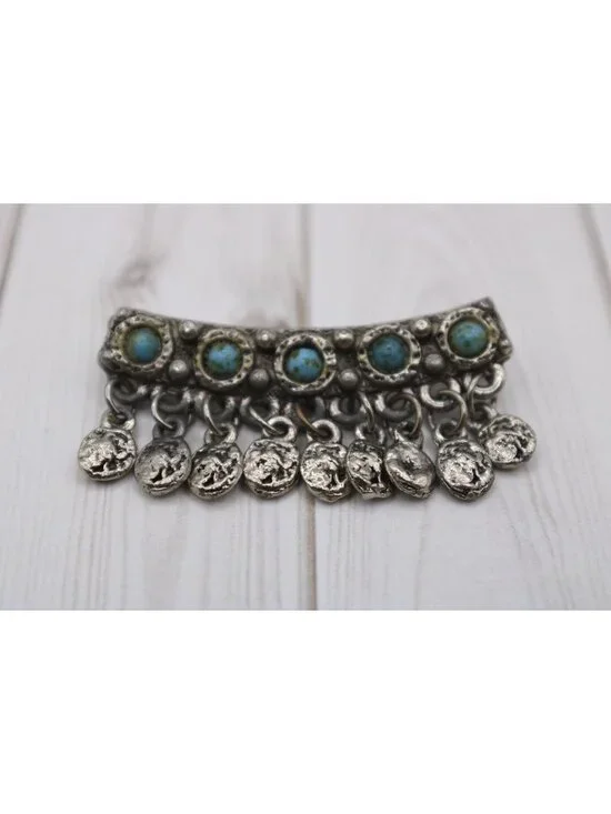 Germany Turquoise Brooch Pin Fringe Coins Silver Celtic Ethnic Hat Scarf Lapel