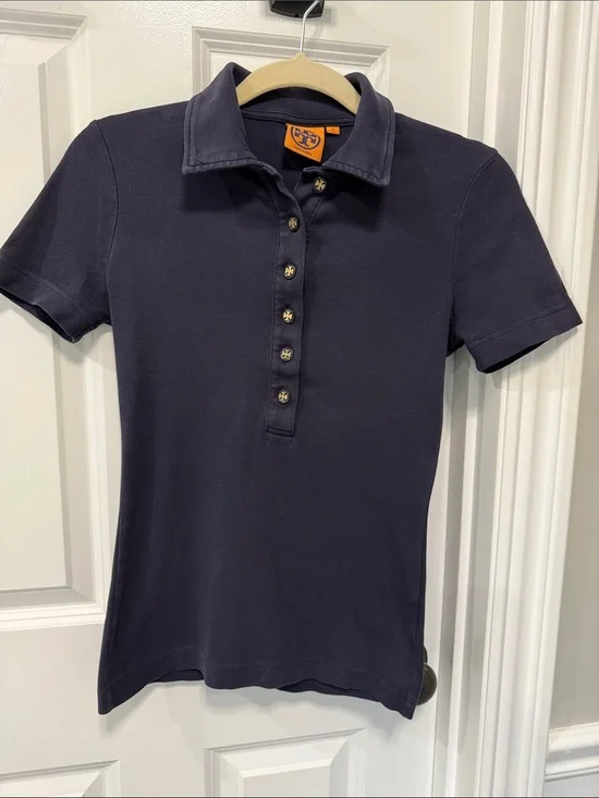 Tory Burch Navy Short-Sleeve Button Polo with Logo Buttons