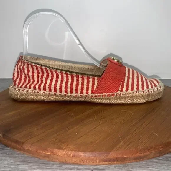 Tory Burch Size 9 Beacher Canvas Espadrille Flats Stiped Red Natural Logo Shoes
