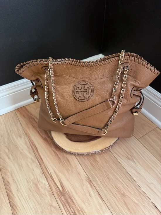 Tory Burch Tan Whipstitch Leather Shoulder Bag with Chain Straps