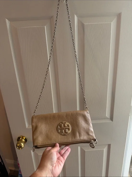 Tory Burch Amanda Foldover Pebbled Leather Crossbody Bag Clutch Tan