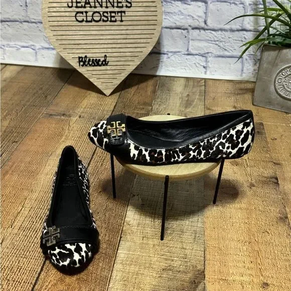 Tory Burch Eloise 2 Calf Hair Ballet Flats Shoes Leopard Black Size 6.5 M