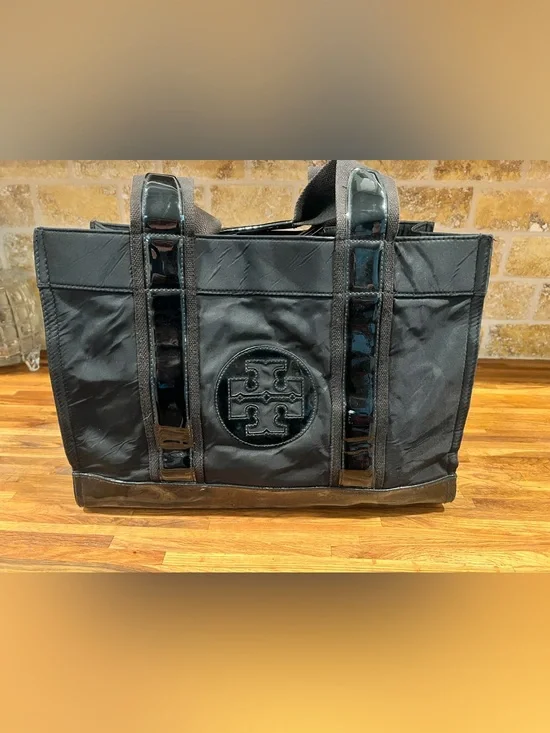 Tory Burch Black Nylon Duffel with Patent Trim and Logo
