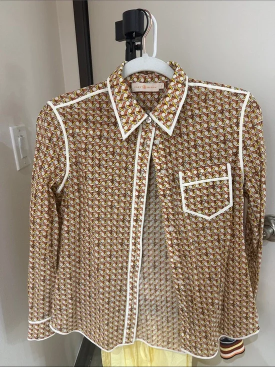 Tory Burch Geometric Print Button-Up Shirt — Brown, Yellow, Coral, Cream