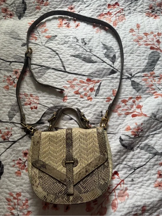 Tory Burch Woven Straw Crossbody with Snakeskin Trim - Beige/Brown