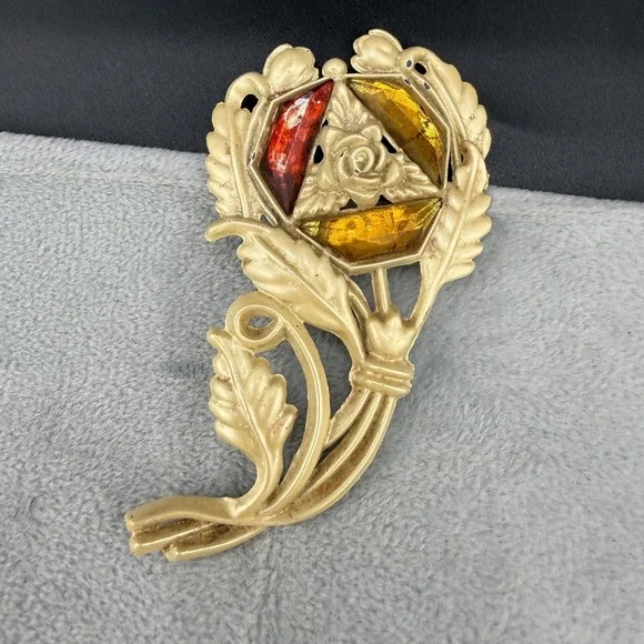 Vintage Flower Brooch Acrylic Red Yellow Early Plastic‎