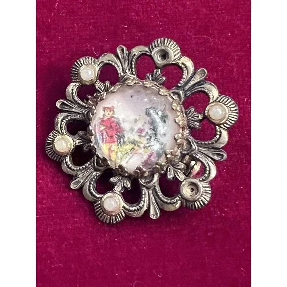Antique Victorian Style Hand Painted Portrait Brooch Gold Tone Filigree Pin