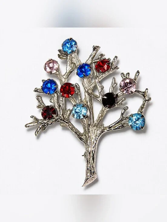 Vintage Curtis DEC Sterling Silver 925 Tree of Life Brooch  Multicolor Crystal