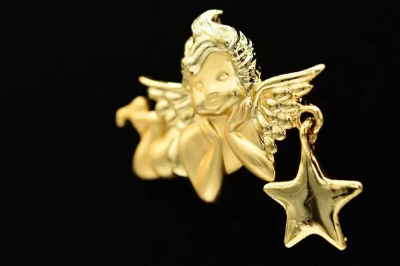 AJC Vintage Angel Pin Brooch Cherub Star Dangle Brushed Gold Signed 1980s BinAL