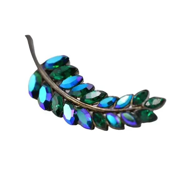 Givenchy Crystal Leaf Brooch Pin Blue Green Runway Rare Signed Vintage 90s Bin8