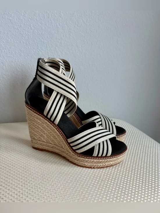 Tory Burch Frieda Black and White Striped Espadrille Wedge Sandals