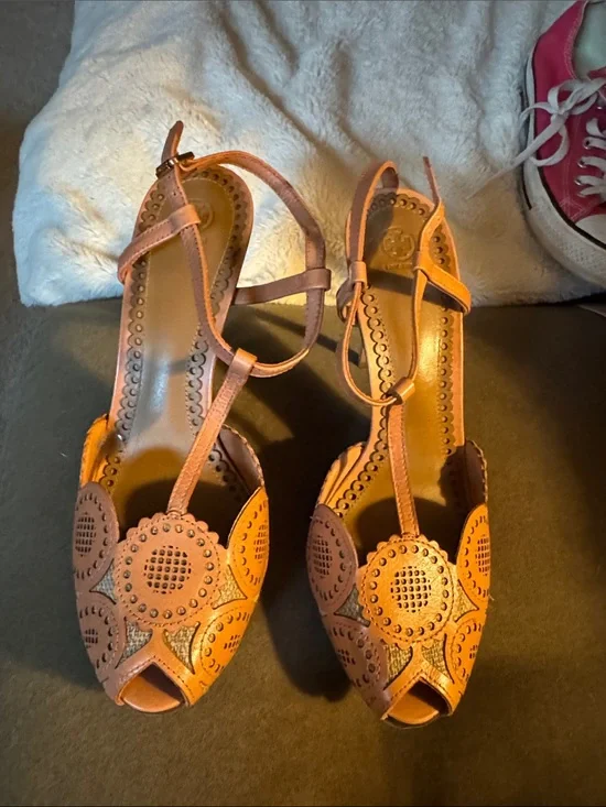 Tory Burch Tan Laser-Cut T-Strap Heels