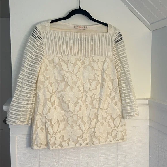 Tory Burch Cream Coquette Lace Detail 3/4 Sleeve Blouse size Women’s Small