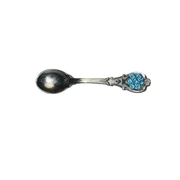 Vintage Miniature Spoon Brooch Silver‎ Tone Metal Blue Rhinestone Crystal Pin