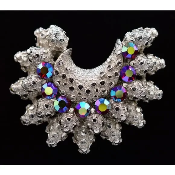 Coro Vintage Crystal Pin Brooch Red AB Brushed Silver Sparkling Signed 1940s 9B
