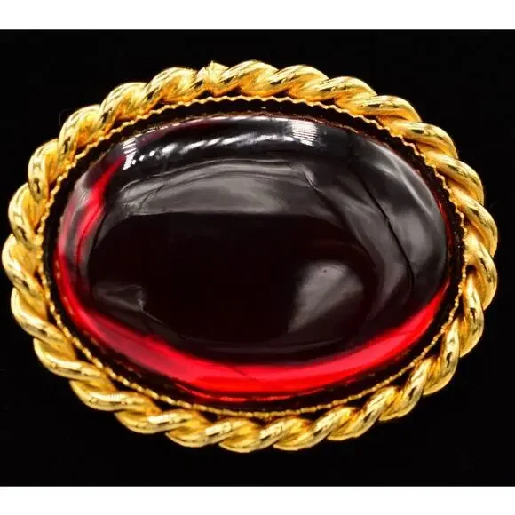 Sharra Pagano Vintage Cabochon Pin Brooch Gold Red Glass Oval Signed RARE BinJ