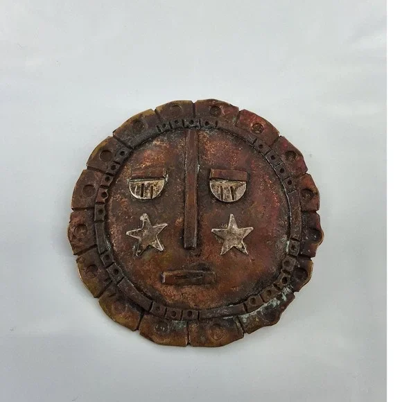 Vintage 1993 Koons Signed Artisan Copper Celestial Sun Face Brooch Pin Star Eyes