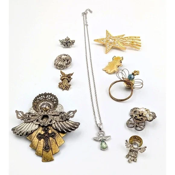 Curated Vintage Angel Jewelry Lot of 10 Pin Brooch Ornate Religious Protection‎