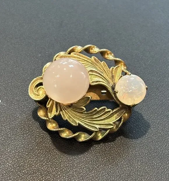 Vintage Art Nouveau Revival Brooch Moonstone Glass Cabochon Wreath Pin