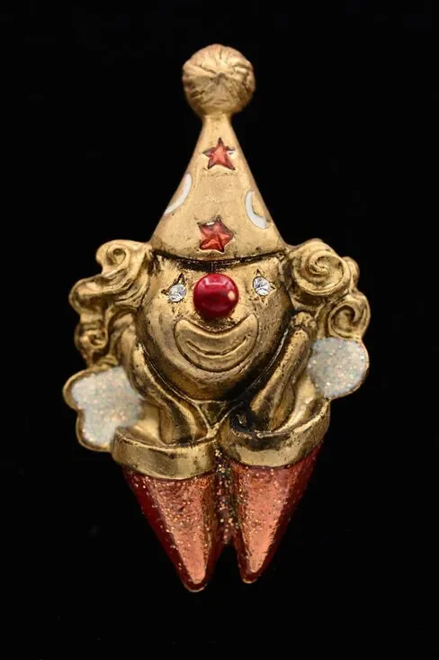 Danecraft Vintage Clown Pin Brooch Glitter Antiqued Gold Signed NOS 1980s BinA16