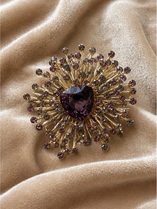 NEW JJ Fantasia 2000s Starburst Brooch Crystal Gold Smoky Amethyst, 2.5x2.5”