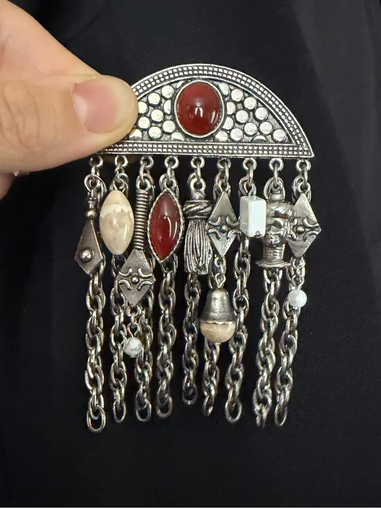 VTG Kuchi Turkmen Tribal Statement Brooch Carnelian Cabochon Tassel Dangle Boho