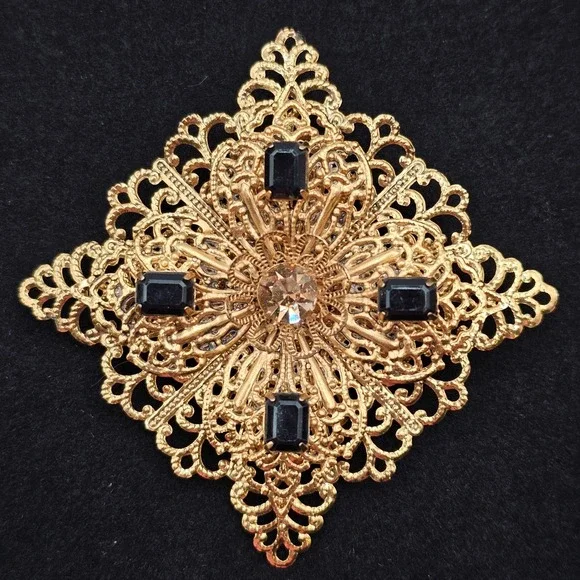 Gold‎ Tone Filigree Statement Brooch Black Rhinestone Victorian Style 3
