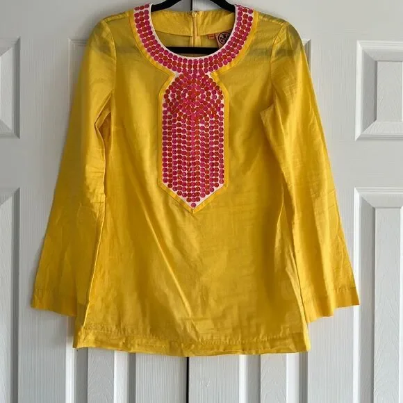 Tory Burch Yellow Embellished Tunic Top Sequin Neck Cotton Size 4