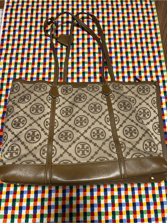 Tory Burch Tan/Beige Canvas Logo Triple-Compartment Perry Tote