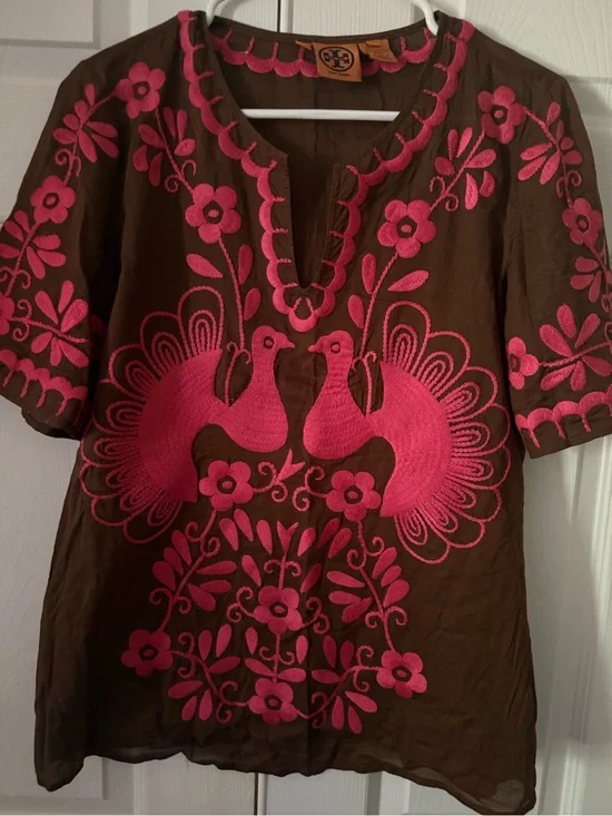 Tory Burch Brown Tunic with Hot Pink Embroidered Peacocks